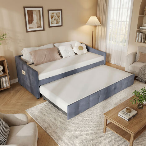 VASIEN –Lit gigogne 90/180x200cm,lit capitonné canapé-lit extensible avec sommiers à lattes,Canapé lit 2 Places 90/180 x 200,lit Canapé-lit Convertible,multifonctionnel style moderne,Velours - Gris