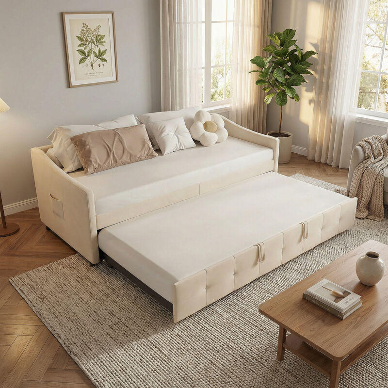 VASIEN –Lit gigogne 90/180x200cm,lit capitonné canapé-lit extensible avec sommiers à lattes,Canapé lit 2 Places 90/180 x 200,lit Canapé-lit