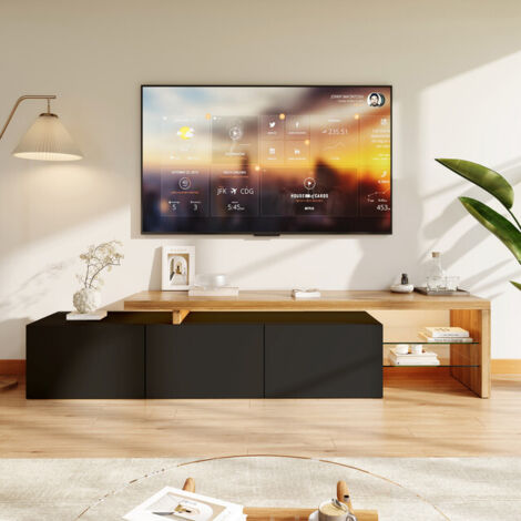 VASIEN - Meuble TV 200 cm noir et bois – Éclairage LED multicolore – Rangement avec étagères en verre – avec 2 étagères en verre et 3 portes – Dimensions 200x39x42 cm