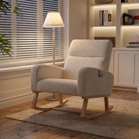 VASIEN – Rocking chair,Fauteuil à bascule Confortable scandinave en tissu sherpa,Dossier rembourré et accoudoirs,Accoudoirs avec poches de rangement,Pieds en bois massif,Beige– 69x78x87cm