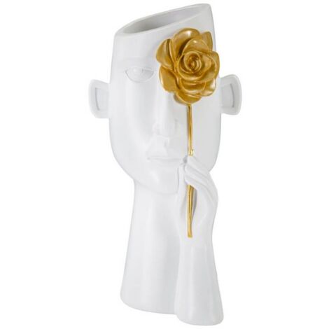 Vaso con viso in poliestere e fiore color oro per decorazioni ambienti