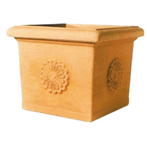 Vaso cuadrado de 40×40×34 en resina de Impruneta con rosetón para exterior – Telcom