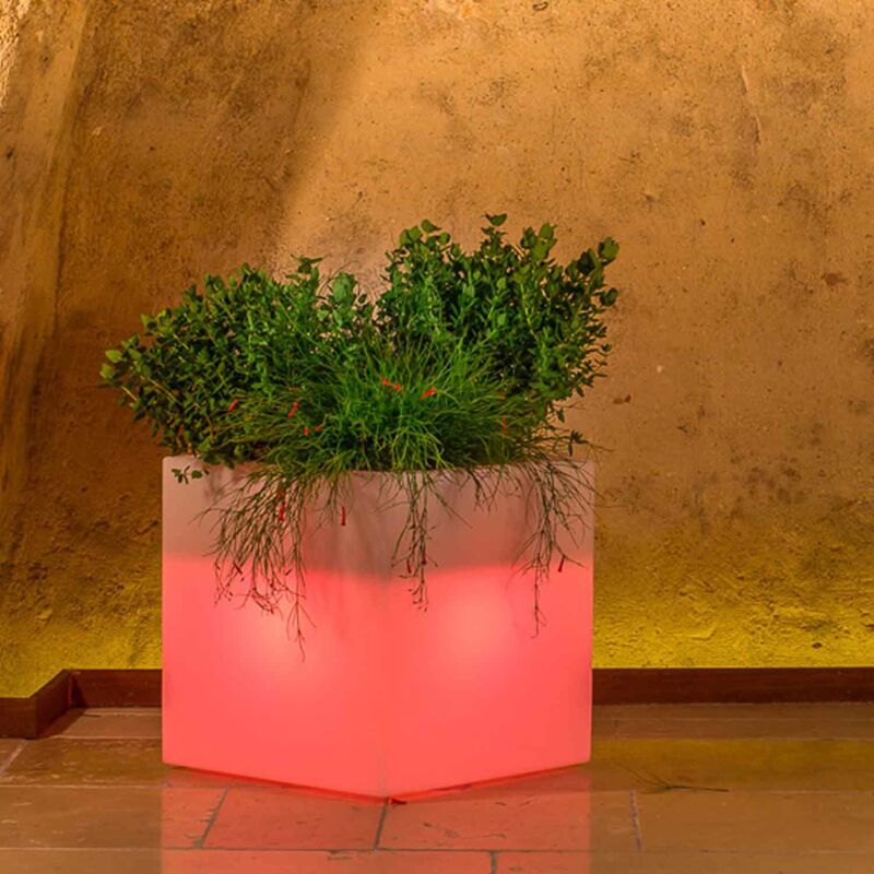 Image of Vaso cube quadrato con Led in resina h 40 40x40 cm lampada rossa