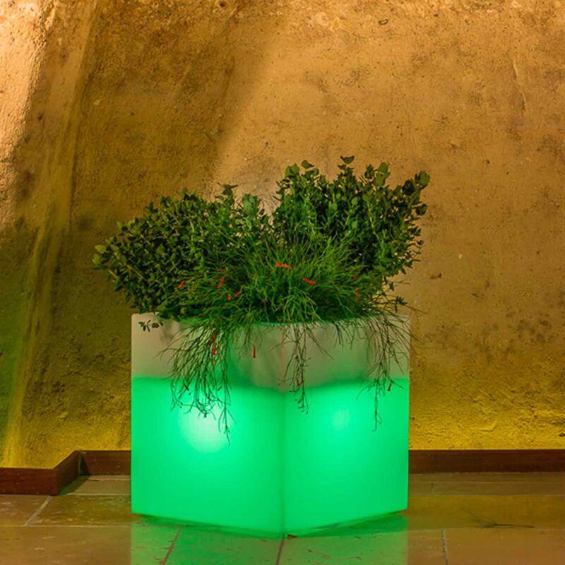 Image of Vaso cube quadrato con Led in resina h 40 40x40 cm lampada verde
