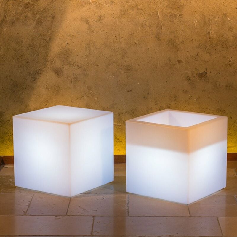 Image of Vaso luminoso Cube quadrato decorazione per esterno e giardino Made in Italy 40 x 40 cm -Cube / Multicolore / Con cavo