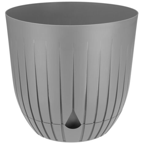 Vaso da fiori in plastica BRITTA con sottovaso, misura 4, diametro 26 cm, motivo scanalato e rigato, plastica, grigio chiaro, opaco