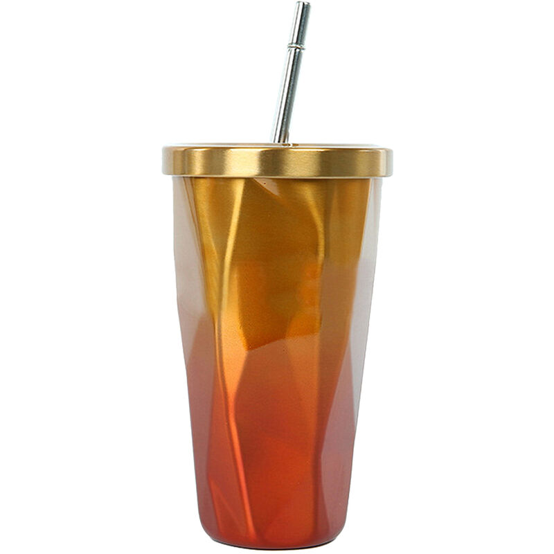 

Vaso de acero inoxidable de 17 oz, vaso de café con aislamiento de doble pared, tapa a prueba de salpicaduras y pajita,Dorado y naranja