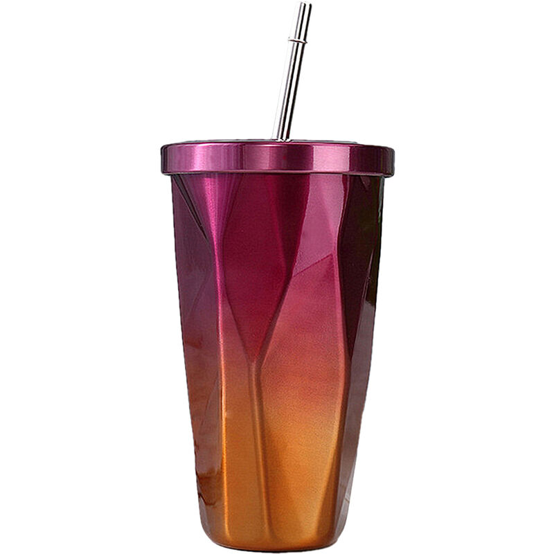 

Vaso de acero inoxidable de 17 oz, vaso de café con aislamiento de doble pared, tapa a prueba de salpicaduras y pajita,Morado y dorado