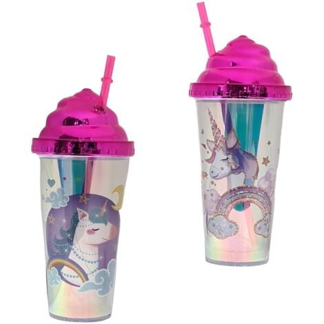 VASO DE PLÁSTICO VASO CON PAJITA 380ML NIÑA UNICORNIO AGUA ROSA