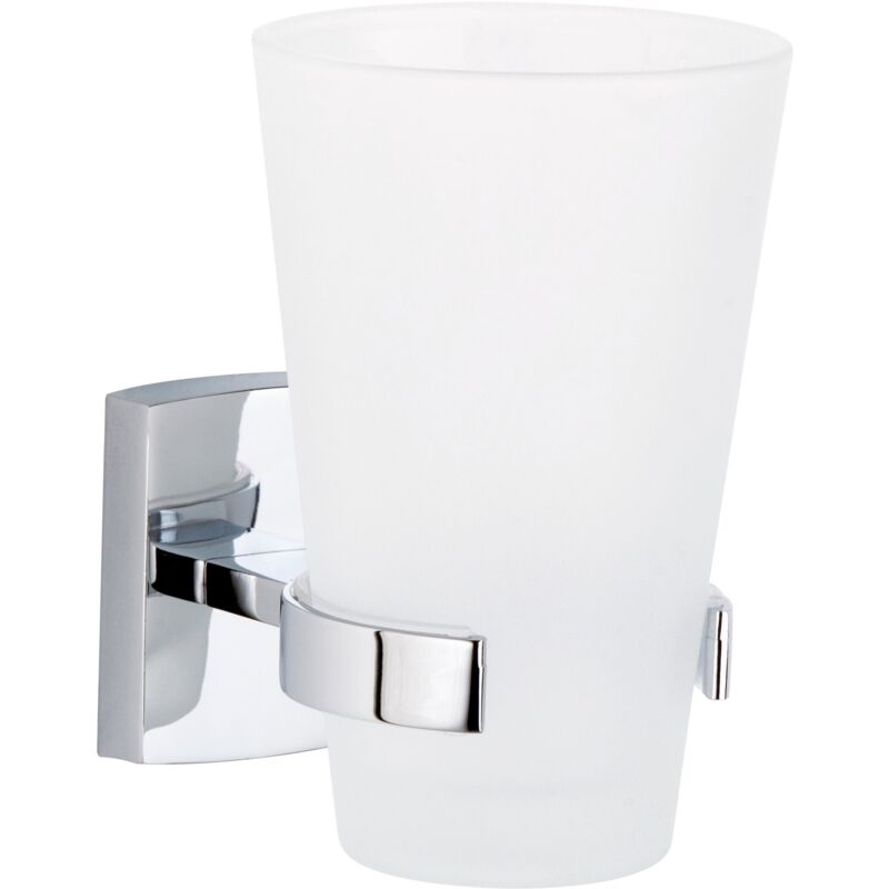 Tesa - klaam gobelet brosse à dents, verre satiné/chromé – sans perçage, solution incluse – 80x124x110 mm