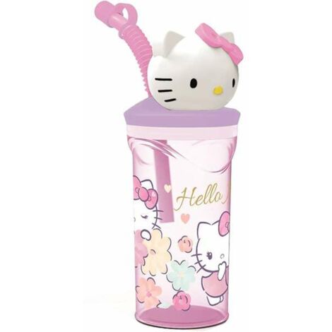 Vaso Infantil Reutilizable Con Pajita y Tapa con figurita 3D 360 ml de Hello Kitty