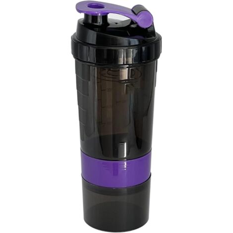 Vaso mezclador de 3 compartimentos para proteína en polvo, de gran capacidad, ideal para mezclar agua y entrenamiento con pesas (morado)