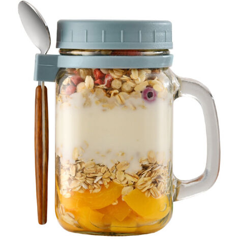 Vaso para cereales Alongen de 473 ml, recipiente para avena nocturna, tarros de vidrio herméticos con tapa y cuchara, recipiente portátil para fruta, vaso para ensalada para yogur, cereales, gachas de