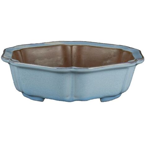 Vaso per bonsai esagonale in gres smaltato azzurro 15,5x15,5x4 cm - ZX66B