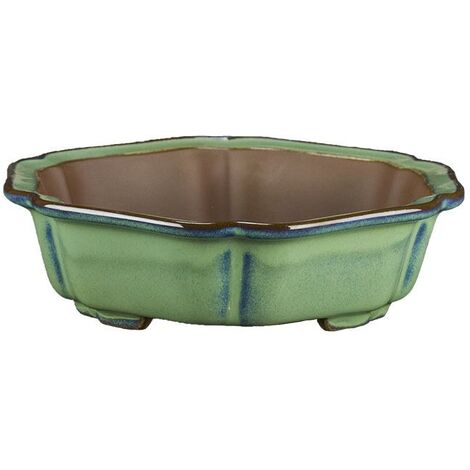Vaso per bonsai esagonale in gres smaltato verde 15,5x15,5x4 cm - ZX66G