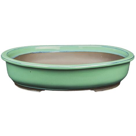 Vaso per bonsai Giapponese Morrisan ovale in gres smaltato verde 38x31x7,5 cm - B22-39a