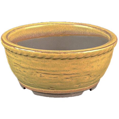 Vaso per bonsai Giapponese Morrisan rotondo in gres smaltato giallo senape 10,5x10,5x4,5 cm - B03-3-5F