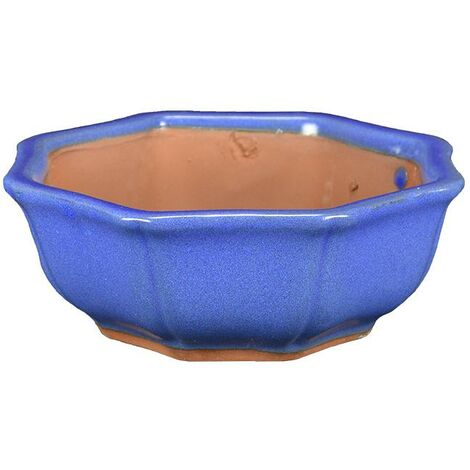 Vaso per bonsai ottagonale in gres smaltato blu 12x12x4,5 cm - G235c