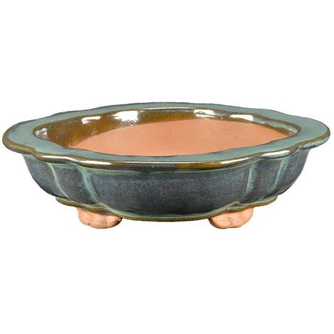 Vaso per bonsai ovale (forma mokko) in gres smaltato verde 26x22,5x6 cm - J017b