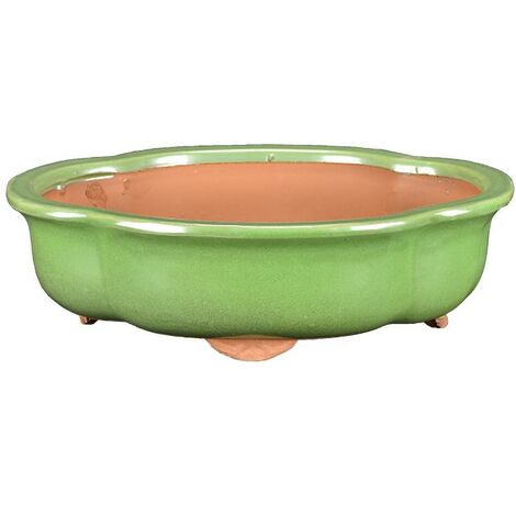 Vaso per bonsai ovale (forma mokko) in gres smaltato verde 27x20,5x6 cm - GA11