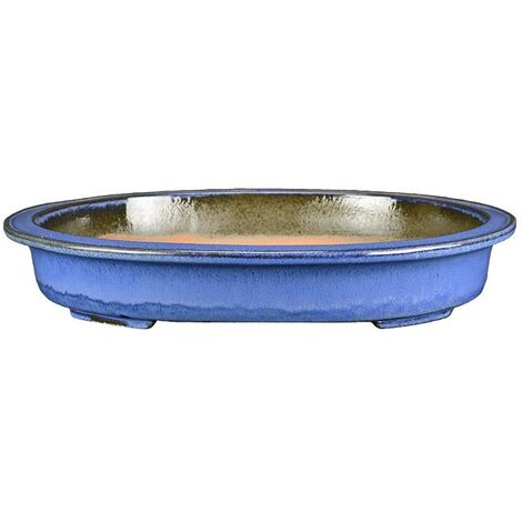 Vaso per bonsai ovale in gres smaltato azzurro 41,5x33,5x6 cm - J058