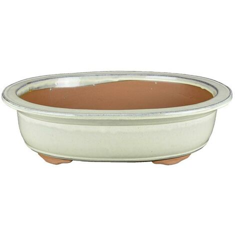 Vaso per bonsai ovale in gres smaltato bianco 33x26x6 cm - J024c