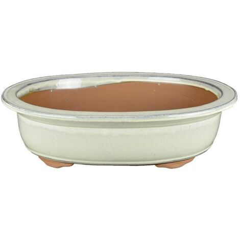 Vaso per bonsai ovale in gres smaltato bianco 34,5x27x8 cm - J024b