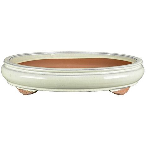 Vaso per bonsai ovale in gres smaltato bianco 41x32x5,5 cm - J023a