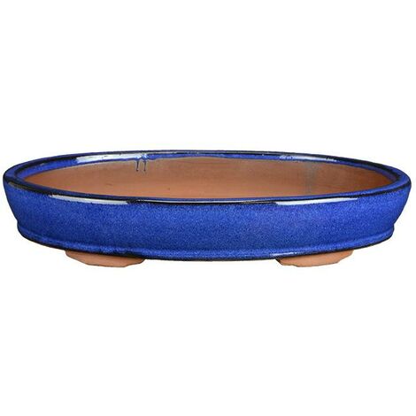 Vaso per bonsai ovale in gres smaltato blu 35x23x5 cm - BJA13a
