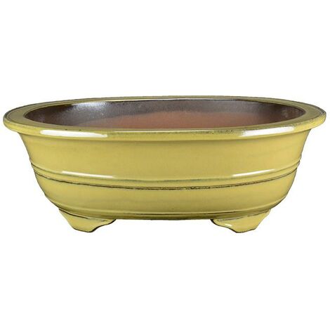Vaso per bonsai ovale in gres smaltato giallo senape 51x39,5x16 cm - J046a