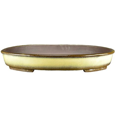 Vaso per bonsai ovale in gres smaltato giallo senape-marrone 45x33x4 cm - TY113d