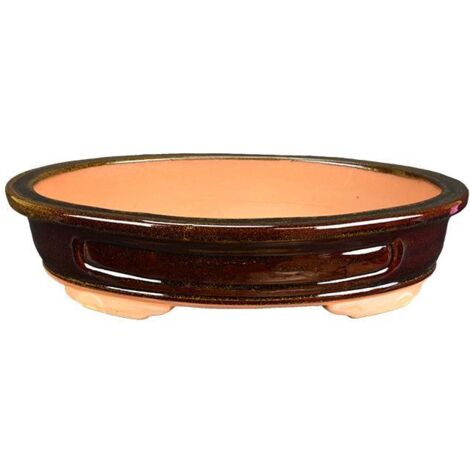 Vaso per bonsai ovale in gres smaltato marrone 46x35x7 cm - 2828Db