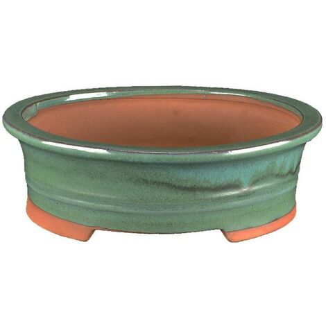 Vaso per bonsai ovale in gres smaltato verde 17x14x5,5 cm - 2836Vb