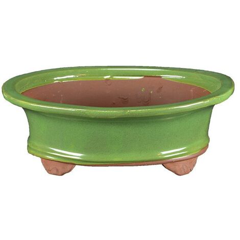 Vaso per bonsai ovale in gres smaltato verde 21,5x18x6 cm - GA3