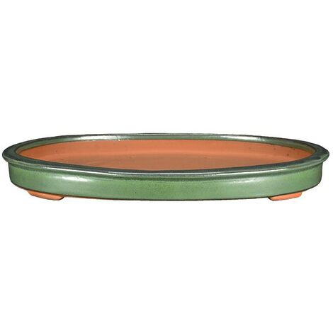 Vaso per bonsai ovale in gres smaltato verde 30x21,5x3 cm - J08d