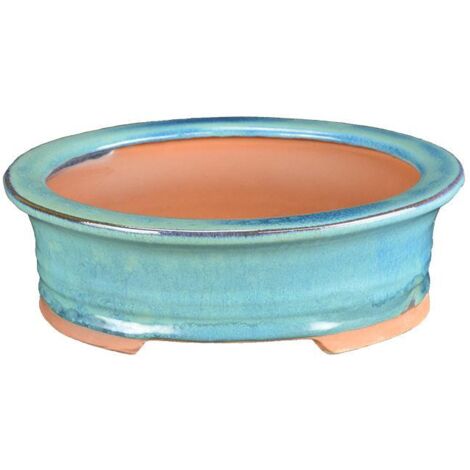 Vaso per bonsai ovale in gres smaltato verde chiaro 21,5x17,5x6,5 cm - 2836Ra