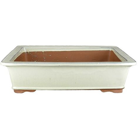 Vaso per bonsai rettangolare in gres smaltato bianco 36,5x26x8 cm - J02c