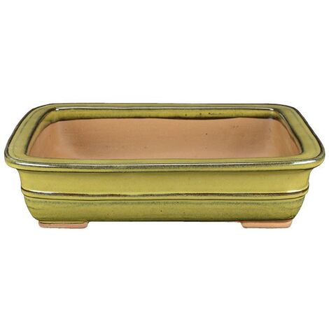 Vaso per bonsai rettangolare in gres smaltato giallo-senape verde 22,5x16x6 cm - J037d