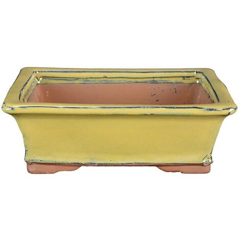 Vaso per bonsai rettangolare in gres smaltato giallo-verde 22x17x6,5 cm - GA1B