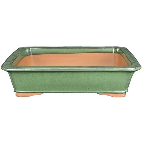 Vaso per bonsai rettangolare in gres smaltato verde 38,5x29,5x8 cm - J060