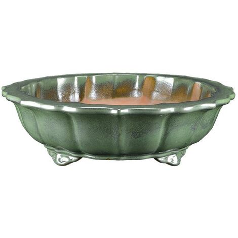 Vaso per bonsai rotondo (forma a fior di loto) in gres smaltato verde 31x31x7,5 cm - J053c