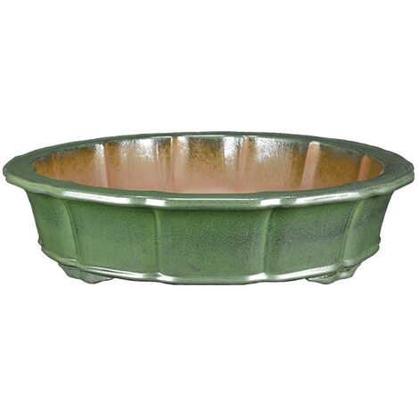 Vaso per bonsai rotondo (forma a fior di loto) in gres smaltato verde 46x46x10 cm - J053a