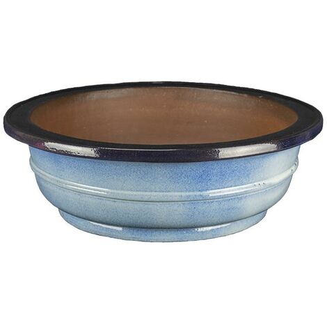 Vaso per bonsai rotondo in gres smaltato azzurro-blu 35,5x35,5x11 cm - TY124b
