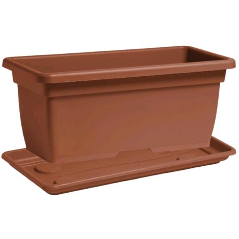Vaso Rettangolare + Sottovaso in Plastica PPL Colore Terracotta 60x31,5x28H cm 35 Litri (MEGA) 60x31,5x28H cm Colore Terracotta