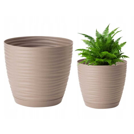 Vaso rotondo in plastica con sottovaso, beige, 10,7x11 cm