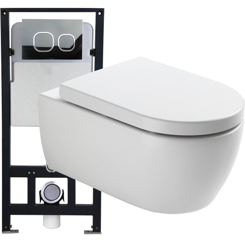 Set convenienza 3: wc sospeso NT2039 con sedile Soft-Close e sistema di installazione a parete G3004A con placca di comando Modello in vetro bianco