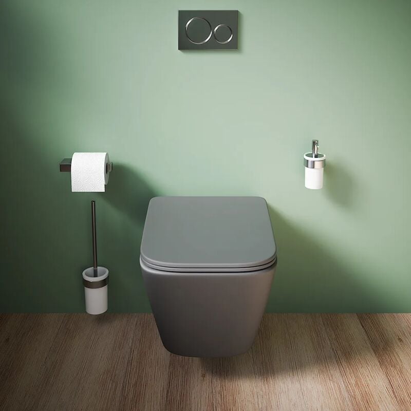Wc suspendu sans rebord en céramique gris mat avec siège à fermeture progressive Mod. Kyoto