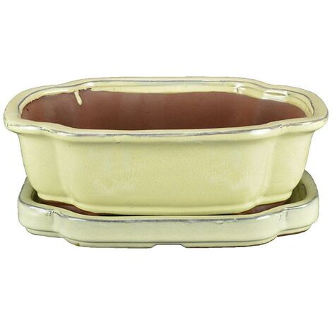 Vaso + sottovaso per bonsai ovale (forma mokko) in gres smaltato bianco 28x21x6,5 cm - GA8VS