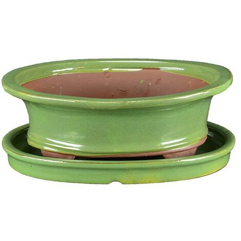 Vaso + sottovaso per bonsai ovale in gres smaltato verde 26,5x20x8 cm - GA7VS