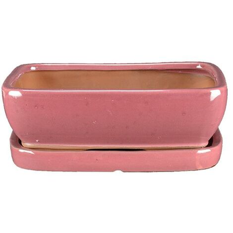 Vaso + sottovaso per bonsai rettangolare in gres smaltato rosa 27x22x7 cm - GA6VS